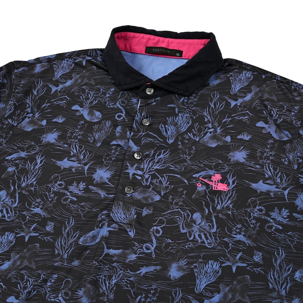 Greyson Performance Golf Polo Geometric Black Shark Ocean AOP Men's XL Sea Life